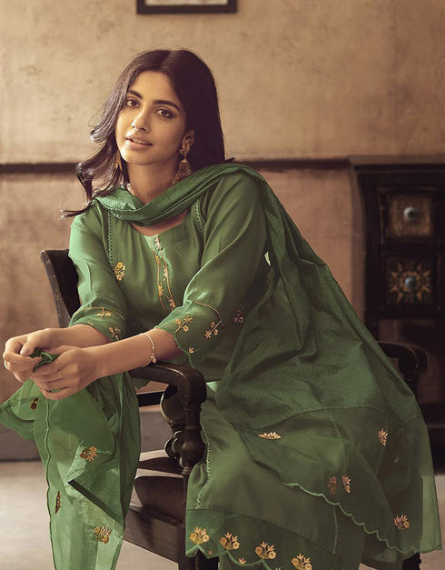 Trendy Pakistani Style Salwar Kameez Rifle Green Blended Cotton Pant Straight Close-up View