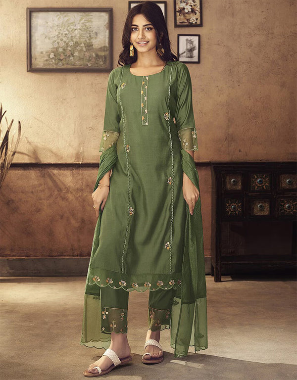 Trendy Pakistani Style Salwar Kameez Rifle Green Blended Cotton Pant Straight Front View