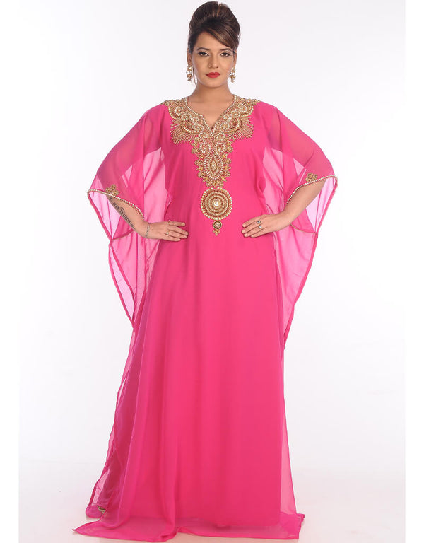 Arabic Pink Georgette Hand Embroidery Party Wear Kaftan