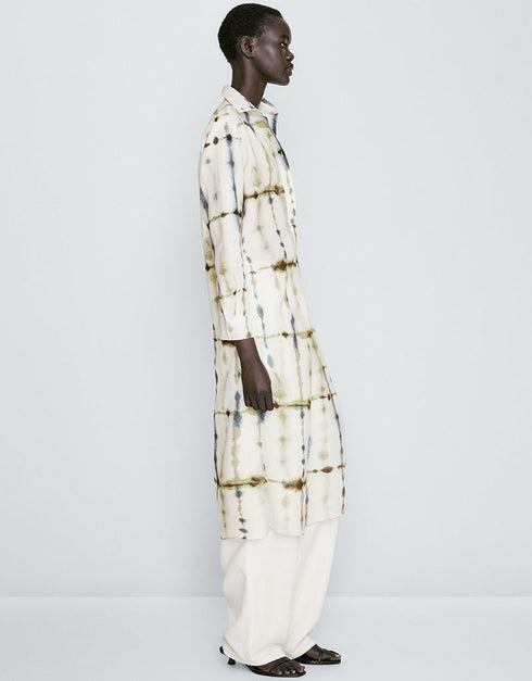 Trendy Designer Party Wear Elegant Calf Length Shirt Dress Cream Linen Blend Dress Close-up View