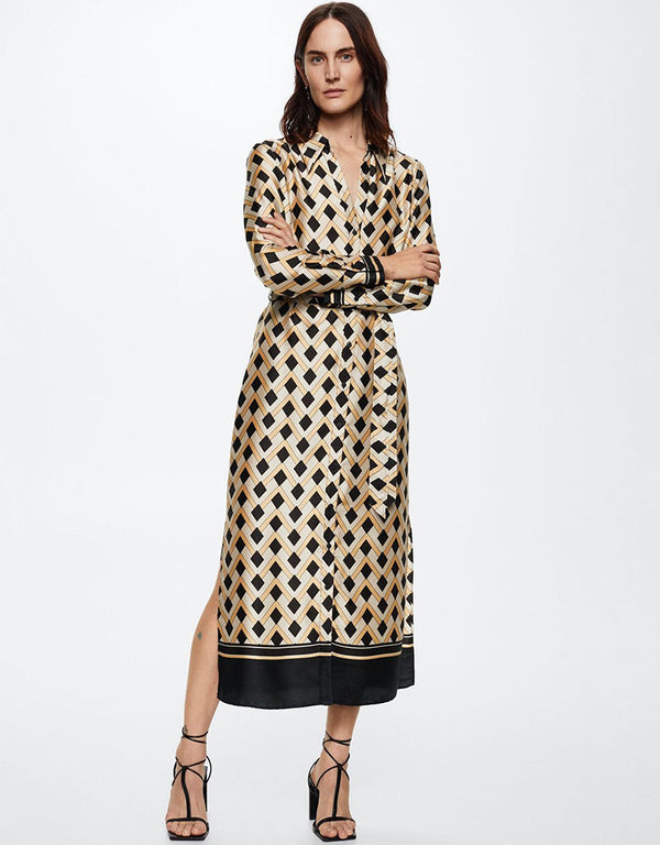 Trendy Designer Party Wear Attractive Calf Length Shirt Dress Skin Persian Silk Dress Front View