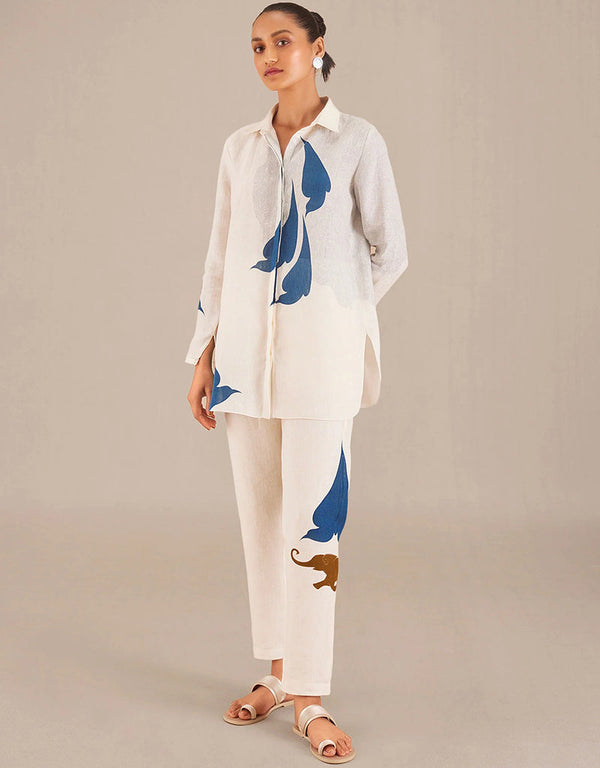 Trendy Designer Party Wear Attractive Co-Ord Sets Cream With Blue Blended Linen Slub Dress Front View