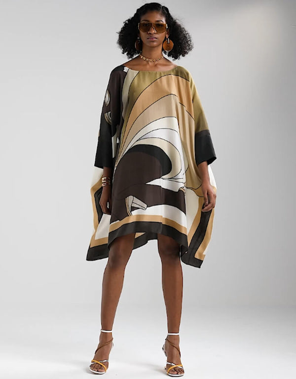 Beige & Black Silk Crepe Kaftan