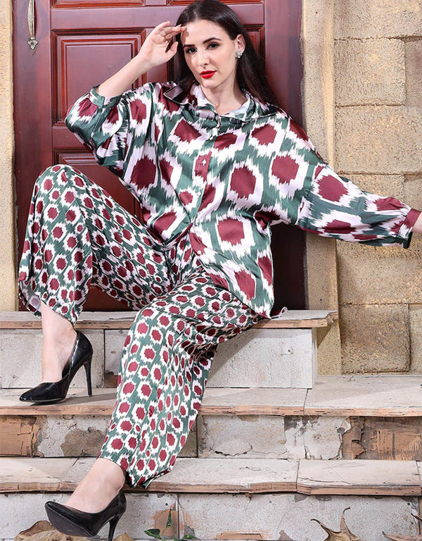 Designer Party Wear Readymade Co-Ords Set Green Satin Silk Pant Shirt Front View