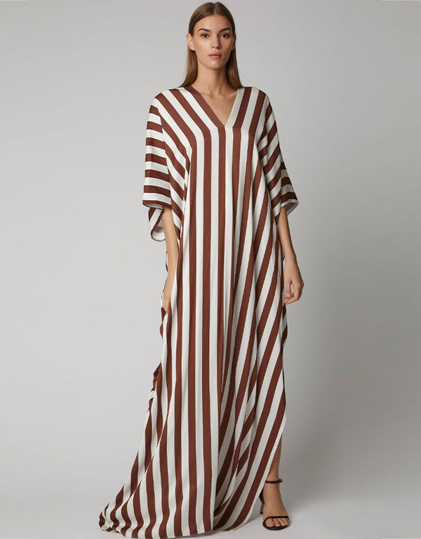 Brown And White Fancy Soft Satin Silk Kaftan