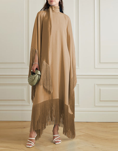 Beige High Neck Style Fringed Kaftans Closure View