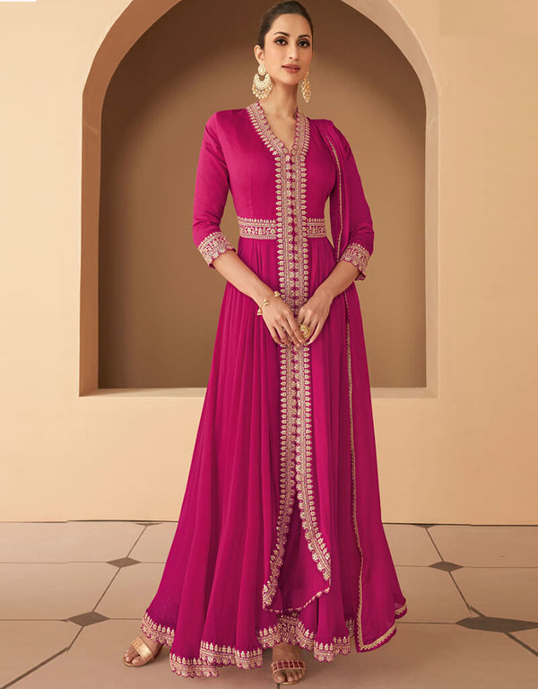 Rani Pink Real Georgette & Chinon Pant Anarkali