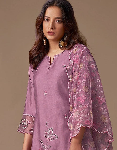 Trendy Pakistani Style Salwar Kameez Lipstick Pink Blended Silk Pant Straight Close-up View