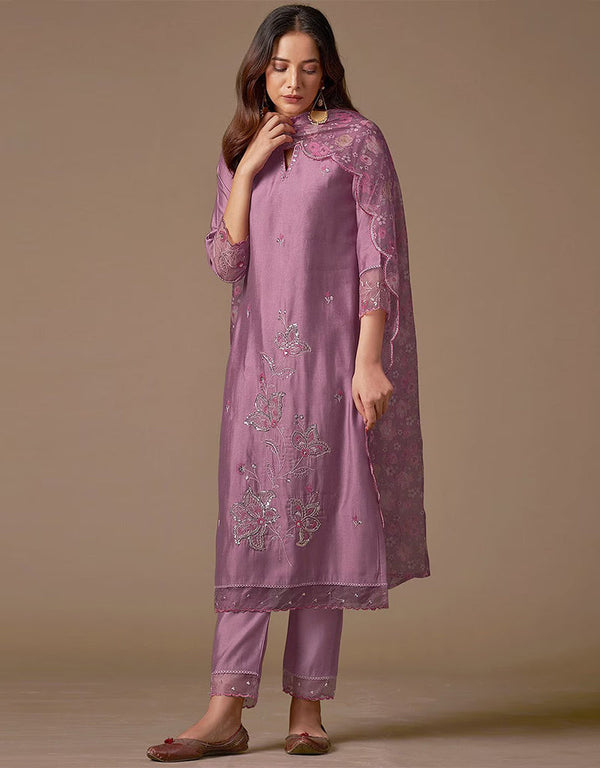 Trendy Pakistani Style Salwar Kameez Lipstick Pink Blended Silk Pant Straight Front View