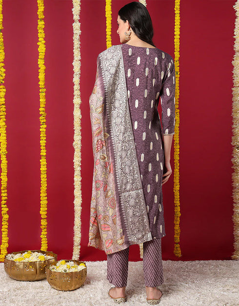 Blended Silk Ready Made Set With Dupatta Congo Brown Blended Silk Pant Straight Close-up View