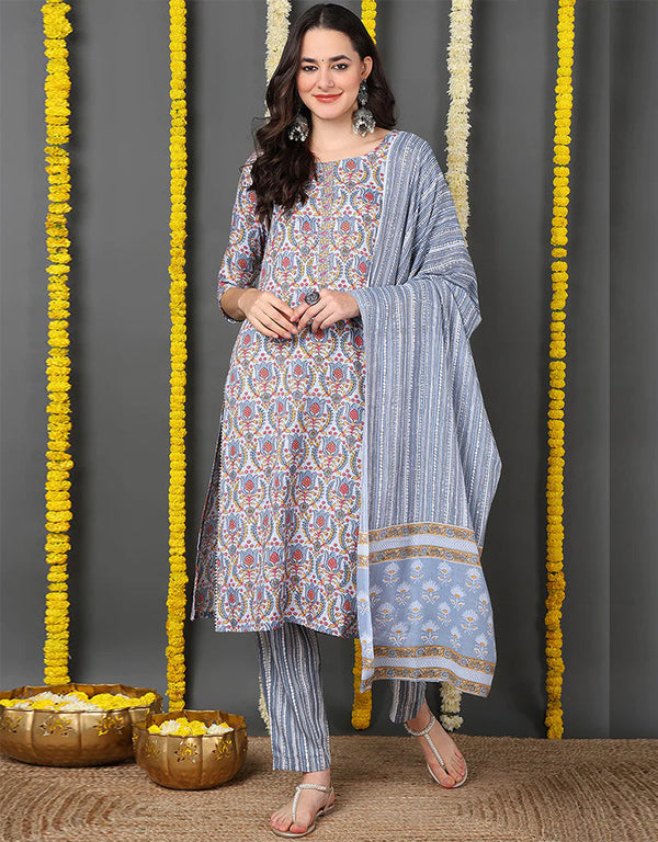 Pure Cotton Ready Made Set With Dupatta Slate Grey Cotton Pant Straight Front View