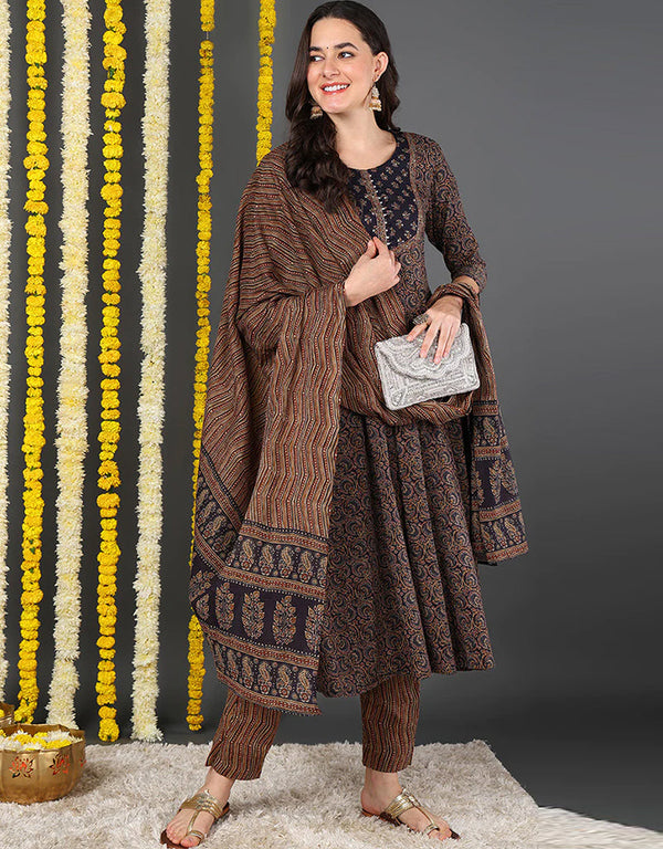 Pure Cotton Ready Made Set With Dupatta Woody Brown Cotton Pant Straight Front View