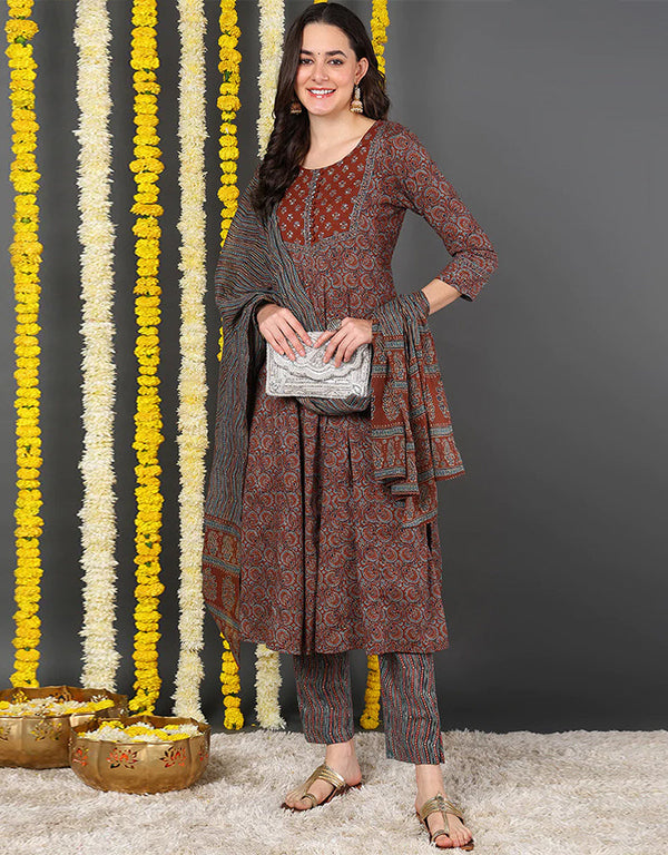 Pure Cotton Ready Made Set With Dupatta Burnt Umber Cotton Pant Straight Front View