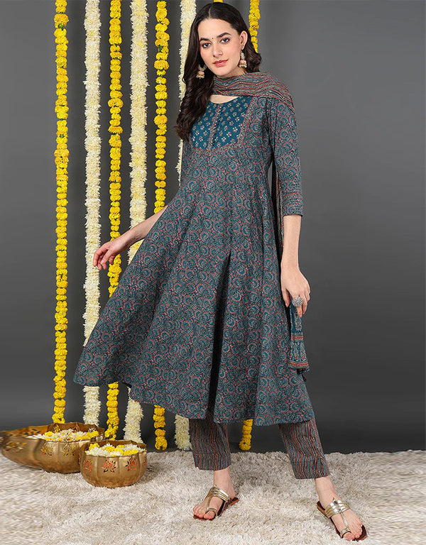 Pure Cotton Ready Made Set With Dupatta Chathams Blue Cotton Pant Straight Front View