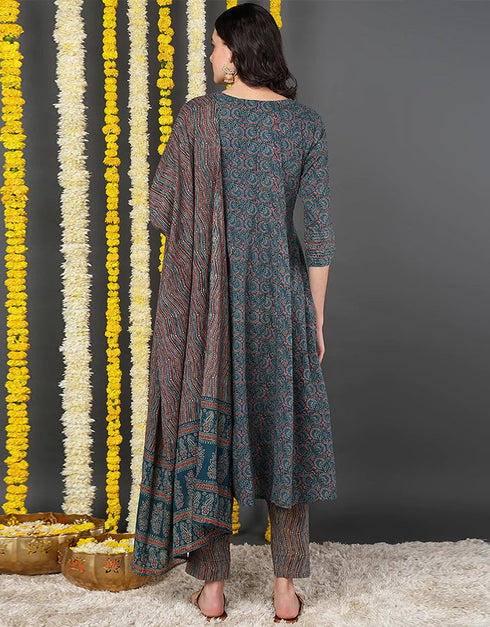 Pure Cotton Ready Made Set With Dupatta Chathams Blue Cotton Pant Straight Back View