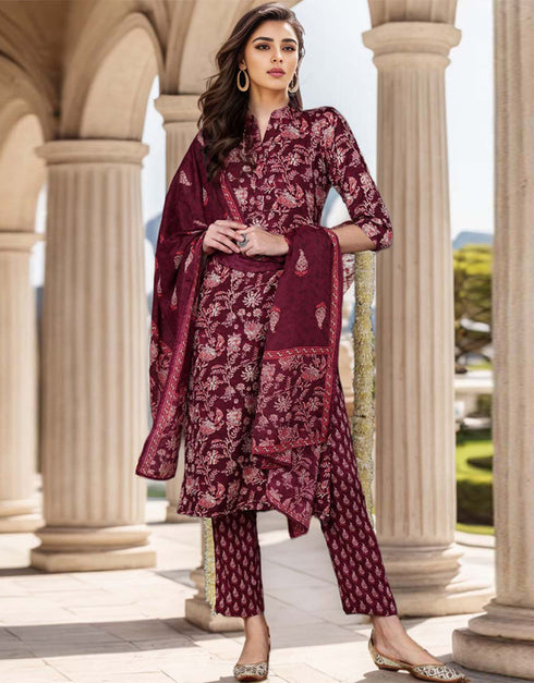 Pure Cotton Ready Made Set With Dupatta Wine Berry Cotton Pant Straight Front View