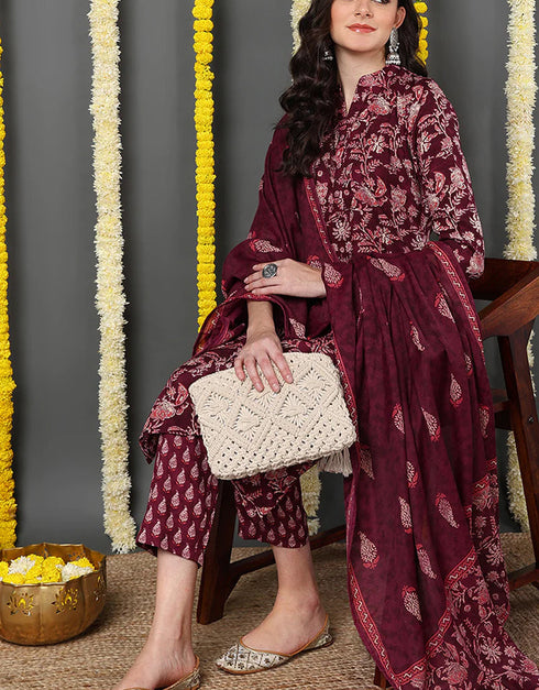 Pure Cotton Ready Made Set With Dupatta Wine Berry Cotton Pant Straight Close-up View