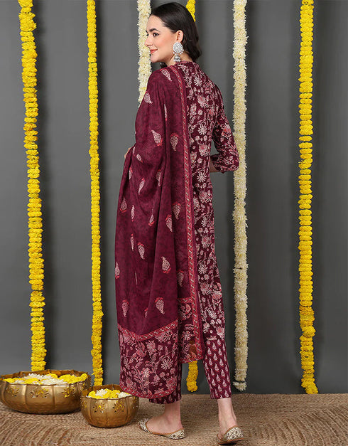 Pure Cotton Ready Made Set With Dupatta Wine Berry Cotton Pant Straight Back View