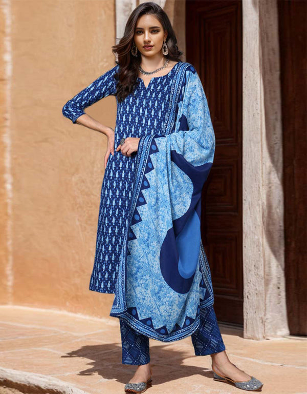 Pure Cotton Ready Made Set With Dupatta Nile Blue Cotton Pant Straight Front View