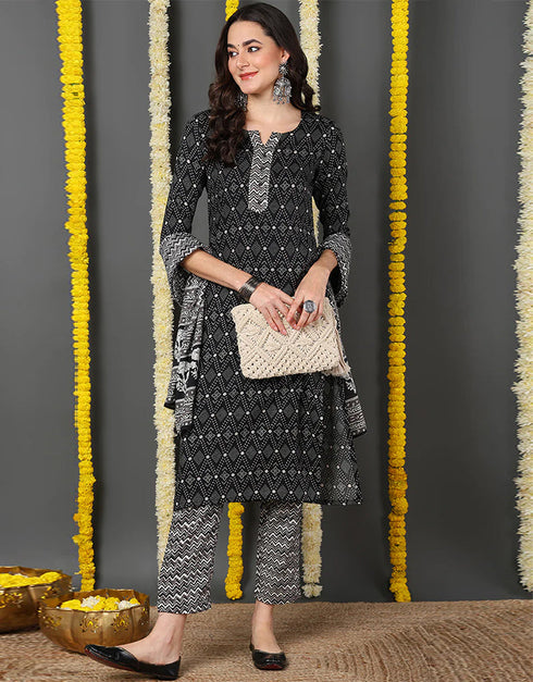 Pure Cotton Ready Made Set With Dupatta Onyx Cotton Pant Straight Front View