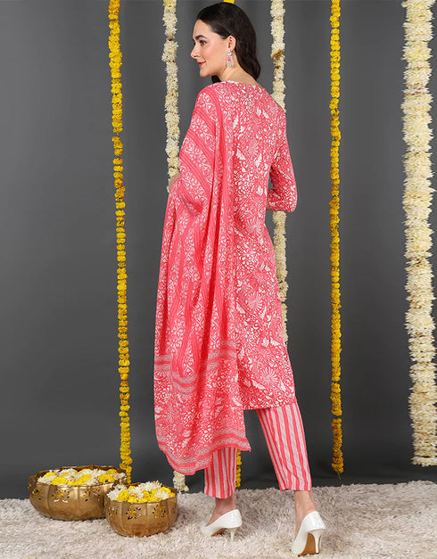 Pure Cotton Ready Made Set With Dupatta Rose Pink Cotton Pant Straight Back View
