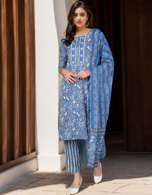 Pure Cotton Ready Made Set With Dupatta Havelock Blue Cotton Pant Straight Front View