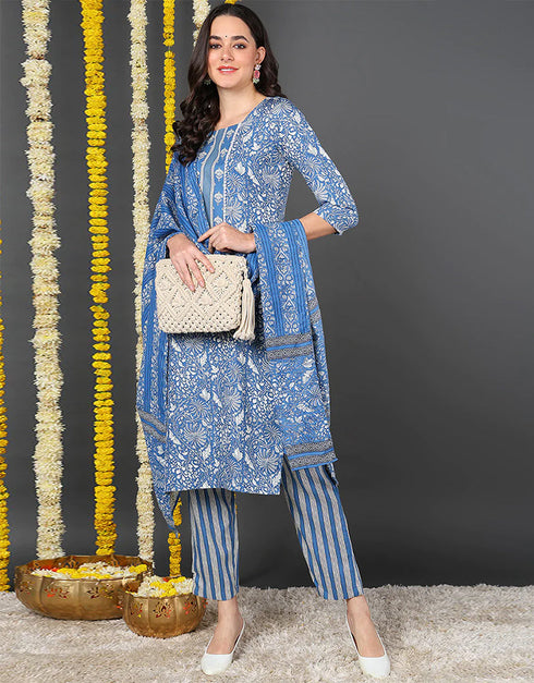 Pure Cotton Ready Made Set With Dupatta Havelock Blue Cotton Pant Straight Close-up View