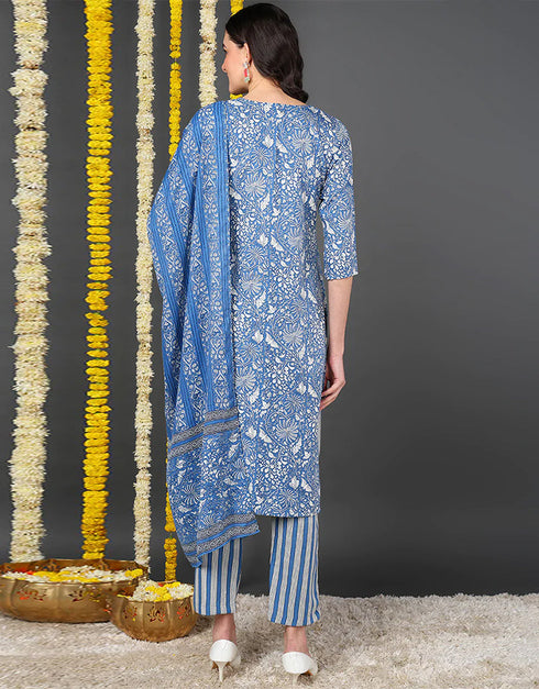 Pure Cotton Ready Made Set With Dupatta Havelock Blue Cotton Pant Straight Back View