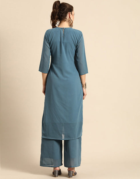 stylish jet grey poly georgette motifs embroidered chikankari kurta with palazzo straight design pant naaz-2860-20016 Back View