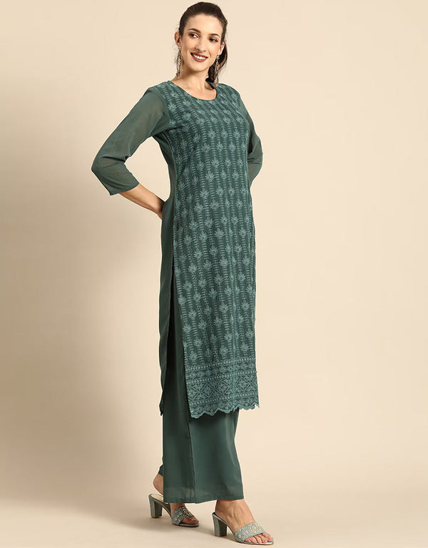 chic lunar green poly georgette motifs embroidered chikankari kurta with palazzo straight design pant naaz-2861-20017 Front View