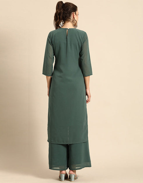 chic lunar green poly georgette motifs embroidered chikankari kurta with palazzo straight design pant naaz-2861-20017 Close-up View