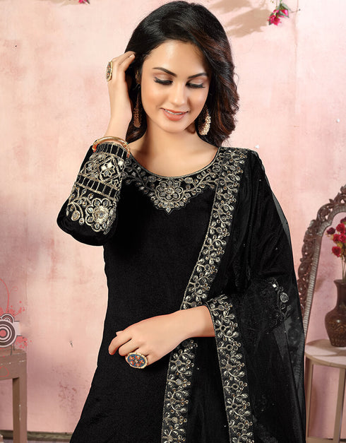 Black Art Silk Patiyala Salwar Suit Back View