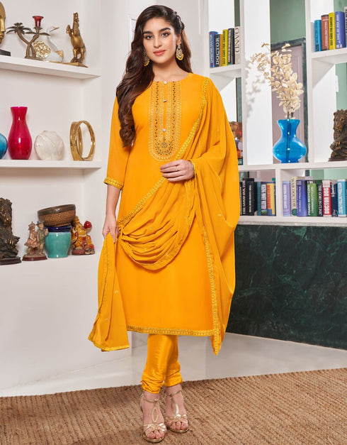 Dark Yellow Pant style Straight Georgette Salwar Kameez in Embroidery & Lace Work