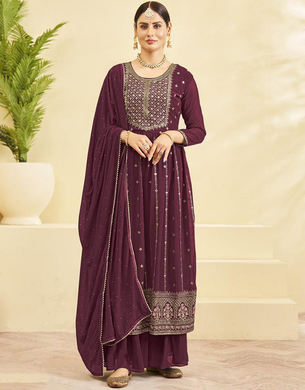 Heavy Designer Wedding Wear Georgette Salwar Suit Crater Brown Georgette Sharara Straight Front View