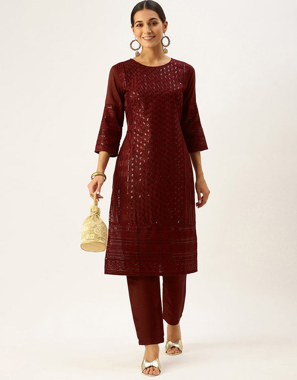 sleek rustic red chinon silk sequinned kurta with trousers straight design pant naaz-2865-20021 Front View