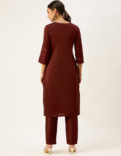 sleek rustic red chinon silk sequinned kurta with trousers straight design pant naaz-2865-20021 Back View
