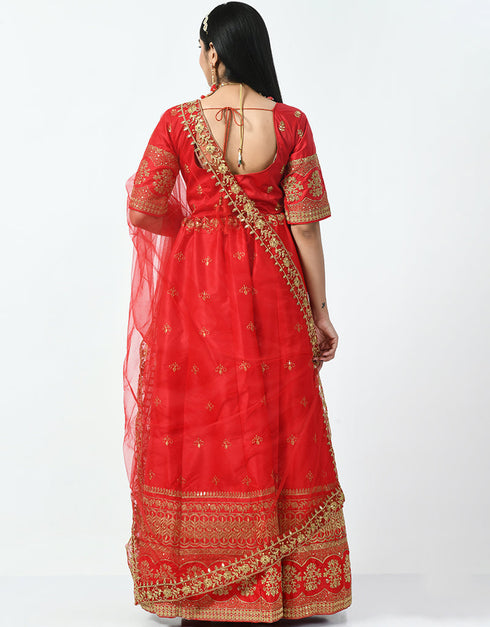 Carmine Pink Malay Satin Silk Lehenga Choli Back View