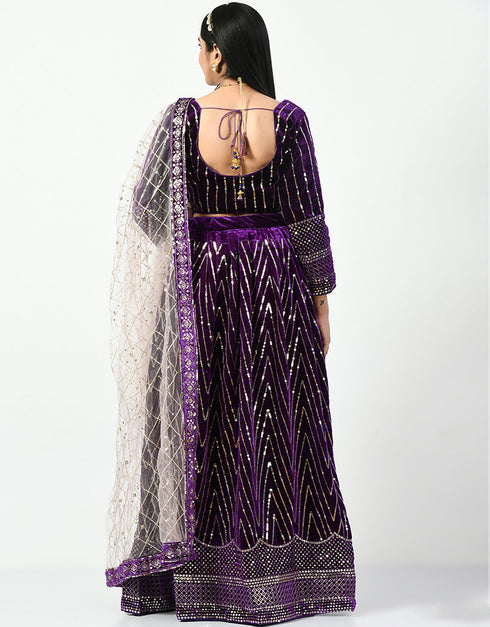 Dark Purple Malay Satin Silk Lehenga Choli Back View