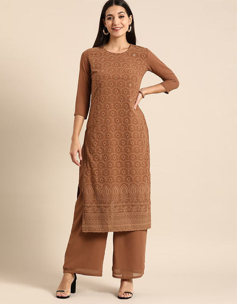sophisticated brown rust poly georgette motifs embroidered chikankari kurta with palazzo straight design pant naaz-2867-20023 Front View
