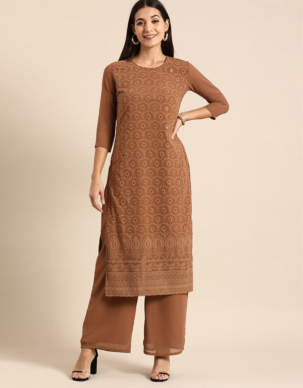 sophisticated brown rust poly georgette motifs embroidered chikankari kurta with palazzo straight design pant naaz-2867-20023 Front View