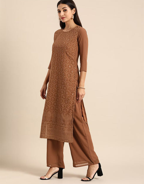sophisticated brown rust poly georgette motifs embroidered chikankari kurta with palazzo straight design pant naaz-2867-20023 Close-up View
