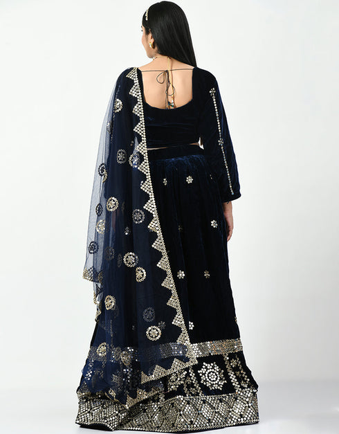 Night Black Malay Satin Silk Lehenga Choli Back View