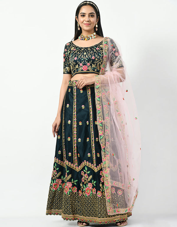 Jungle Green Malay Satin Silk Lehenga Choli