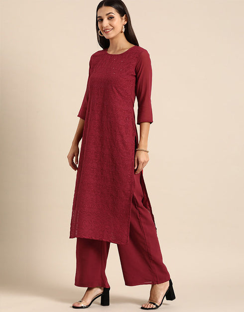 glamorous deep carmine poly georgette motifs embroidered chikankari kurta with palazzo straight design pant naaz-2868-20024 Close-up View