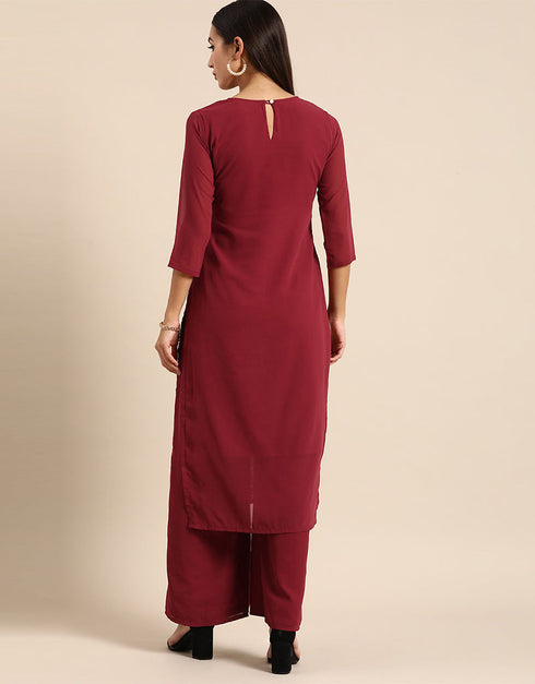 glamorous deep carmine poly georgette motifs embroidered chikankari kurta with palazzo straight design pant naaz-2868-20024 Back View