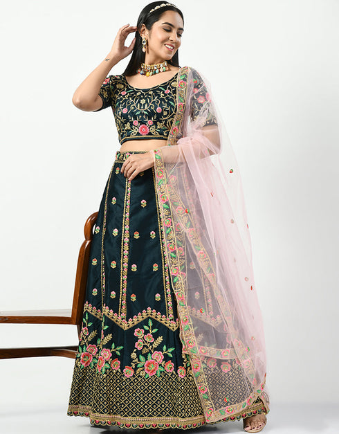 Jungle Green Malay Satin Silk Lehenga Choli Closure View