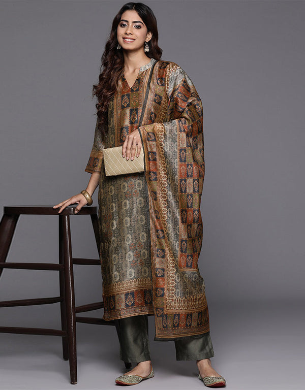 stylish otter brown chanderi silk pakistani style kameez with plazo dupatta set with wenge blended silk 2861-20025 Front View
