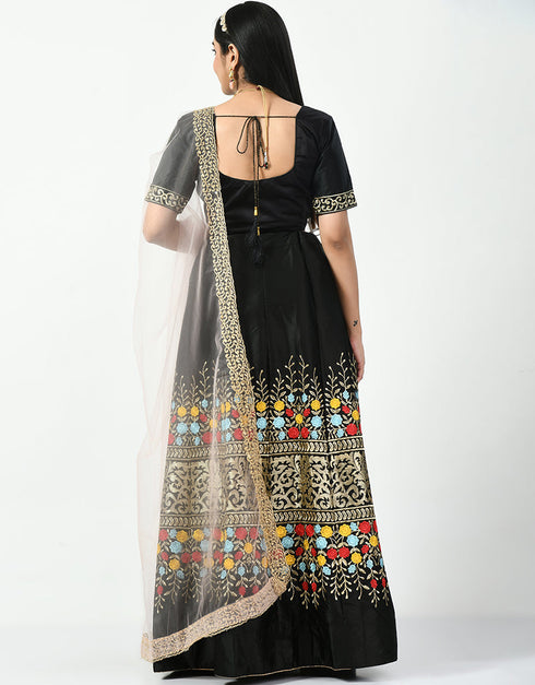 Mirage Black Malay Satin Silk Lehenga Choli Back View