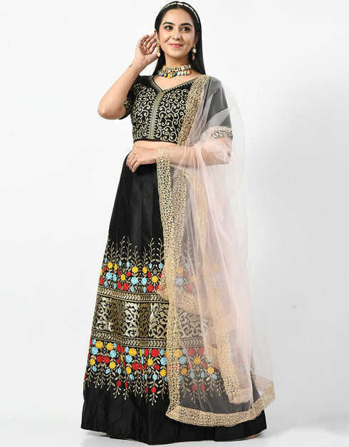 Mirage Black Malay Satin Silk Lehenga Choli Closure View