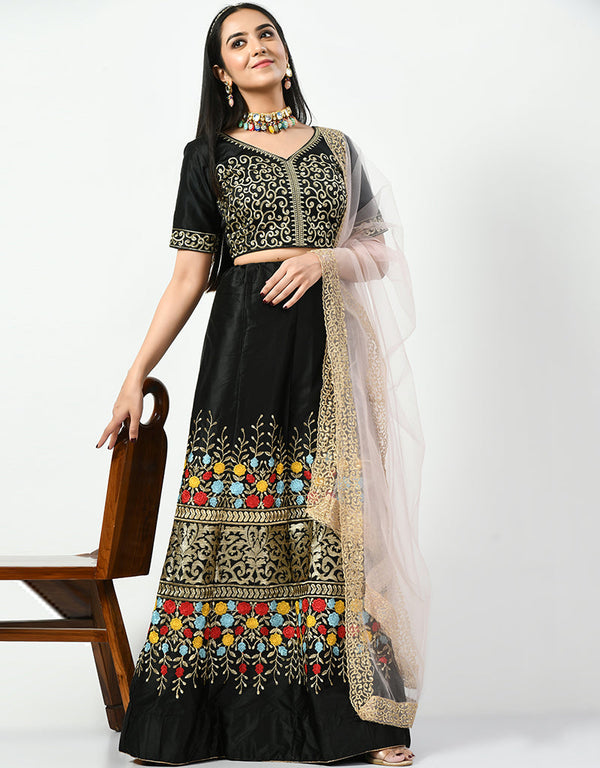 Mirage Black Malay Satin Silk Lehenga Choli